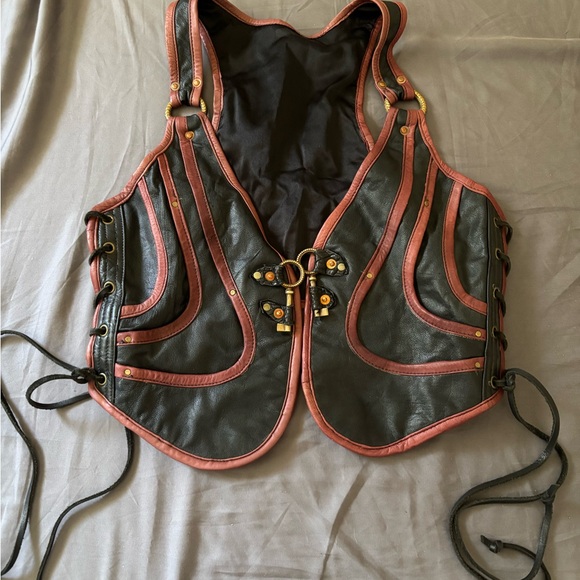 Other - Black and Brown Leather Vest with Pink Accents